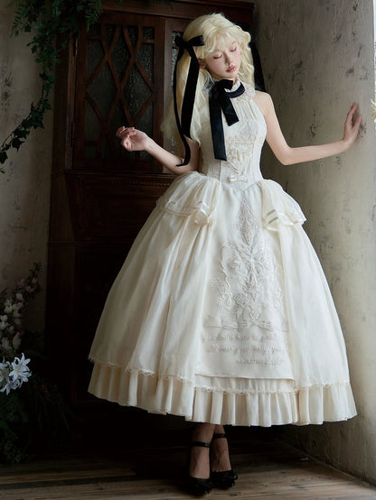 Neck Halter Detail Classic Creamy Dress Lolita Embroidery Backless Delicate