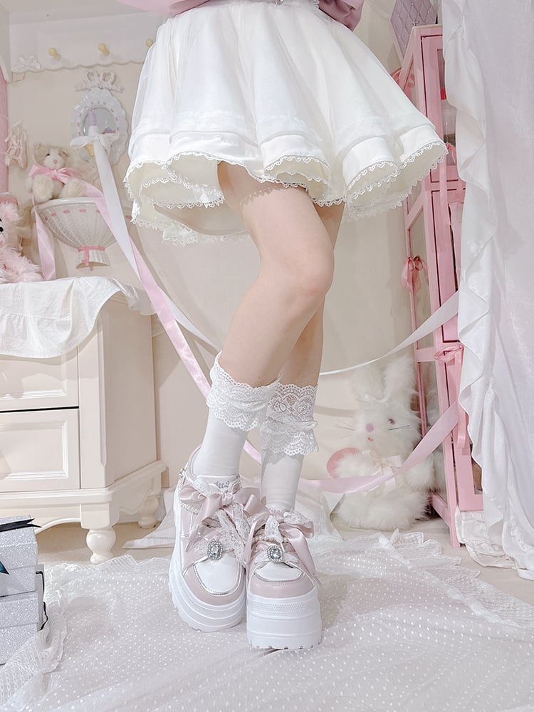 Jirai Kei – Rosa Plateauschuhe mit Strasssteinen und abnehmbarer Perlenkette