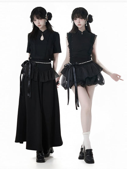 黒のチャイナドレスカラービーズディテール半袖トップス