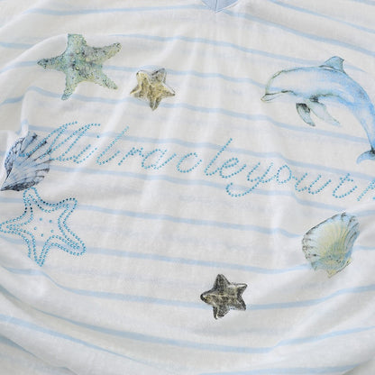 Print with Semi-Sheer Striped White Top Long-Sleeve Oceanic