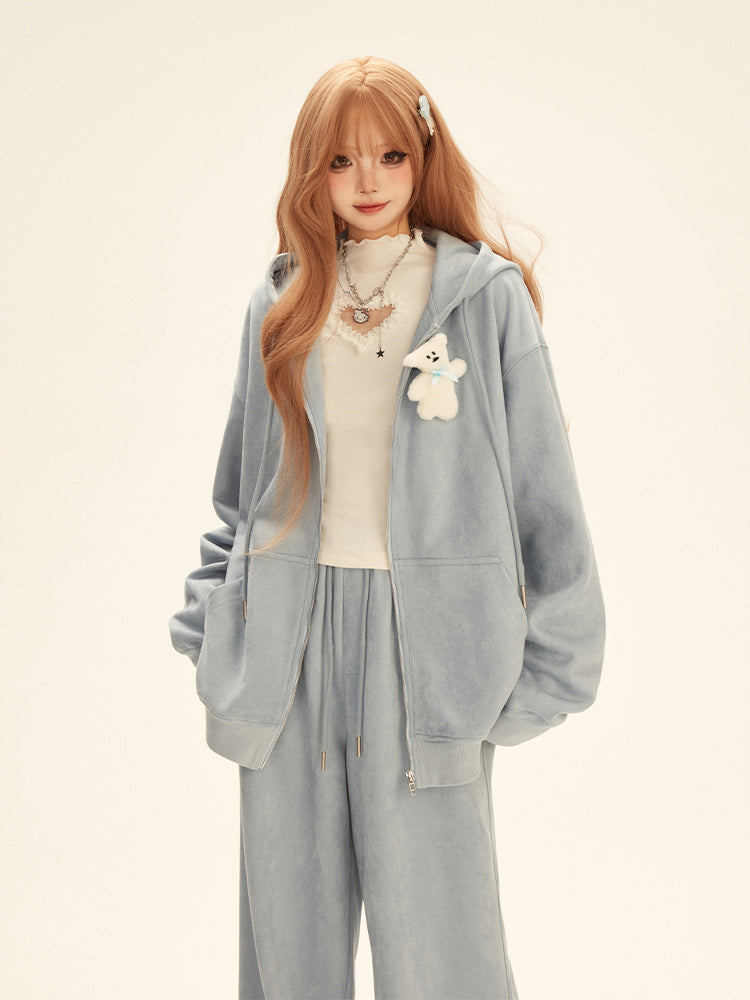Drawstring Hood Bear Relaxed Jacket with Toy Fit Blue White