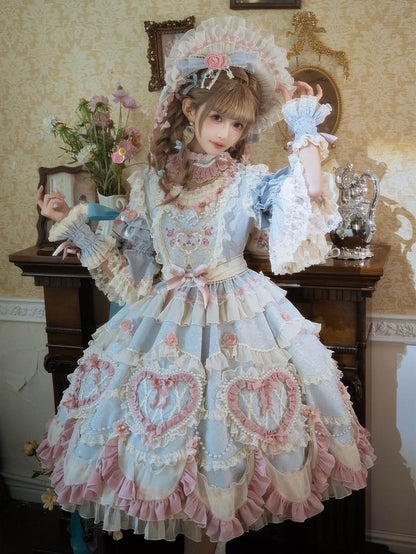 Wunderschönes Hanayome Lolita-Kleid mit Rosettenstickerei und Perlenkettendetails, Hellgrau