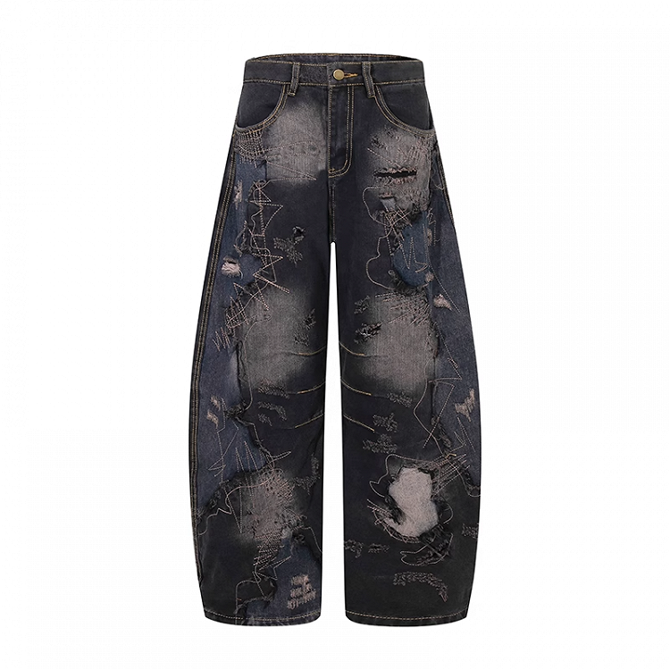 ロウブラック ローライズ ダメージ加工 ホールズ ワイドレッグジーンズ