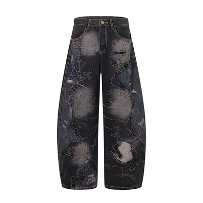 ロウブラック ローライズ ダメージ加工 ホールズ ワイドレッグジーンズ