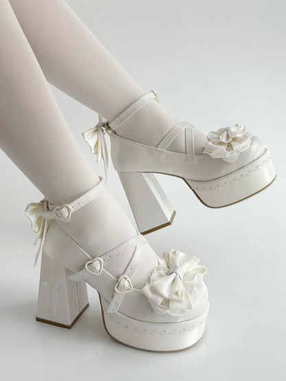 Block Fork Platform High Heels Lolita Lace Embroidery Bowknot White