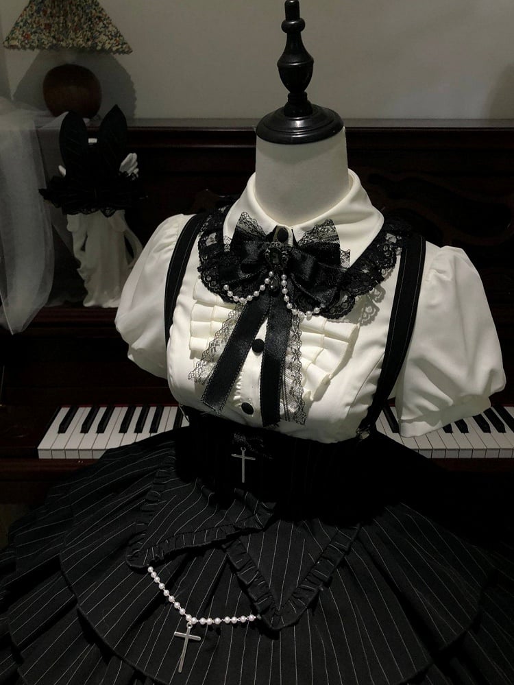 Cross Short White + Sleeves Striped Gothic-Style with Blouse High Skirt Lolita Waist Accents Black