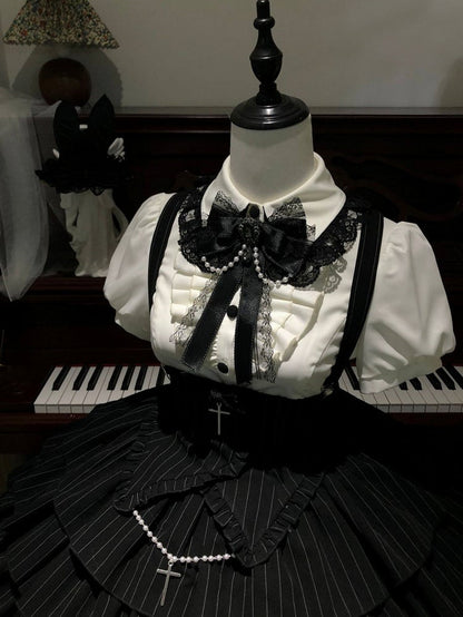 Cross Short White + Sleeves Striped Gothic-Style with Blouse High Skirt Lolita Waist Accents Black