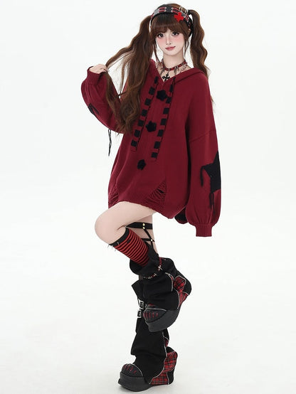 Y2K Schwarz gestreifte Strickjacke mit Hasenohren und Kapuze und V-Ausschnitt