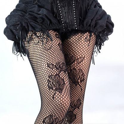 ブラックゴシックロゼット花柄網タイツ