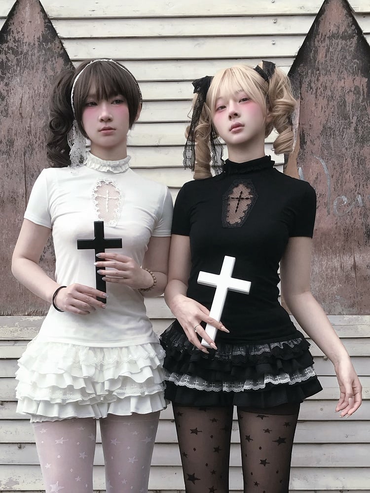 Tiered Cross Skort Gothic Black/White Elastic Waist Lace Trim Bloomers