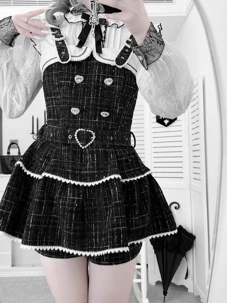 Black White - Kei Regular/Fleece-Lined Sleeve Flutter Jacquard Blouse Lace in Jirai Options