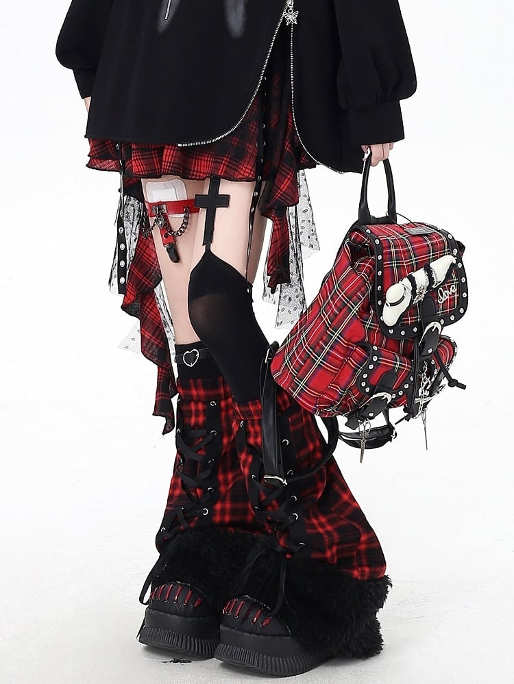 Red Lace-up Plaid with Design Gothic Bottom Leg Warmers Black Fuzzy Cuff