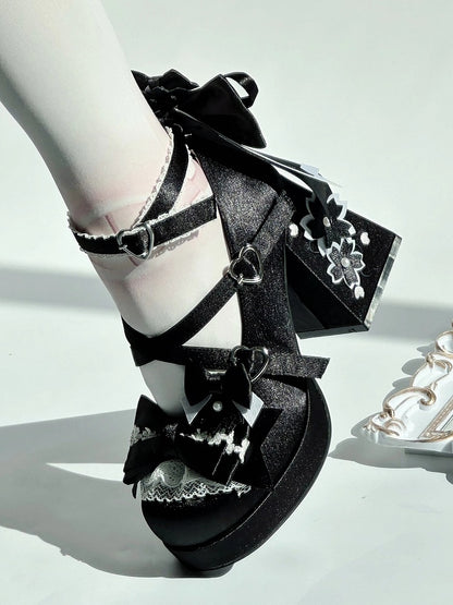 Accents Satin Details Blossom Bow Cherry Lolita Lace Sweet Black - Mary Heel Janes Trim with
