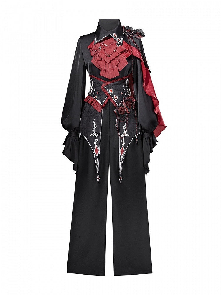 Ouji Lolita Gothic Shirt, Long Pants and Corset Set with Capelet in Black & Red - Unknown Star