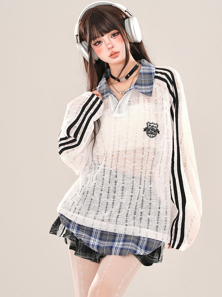 Coffee/White Polo Collar Hollowed-out Semi-sheer Loose Knit Top