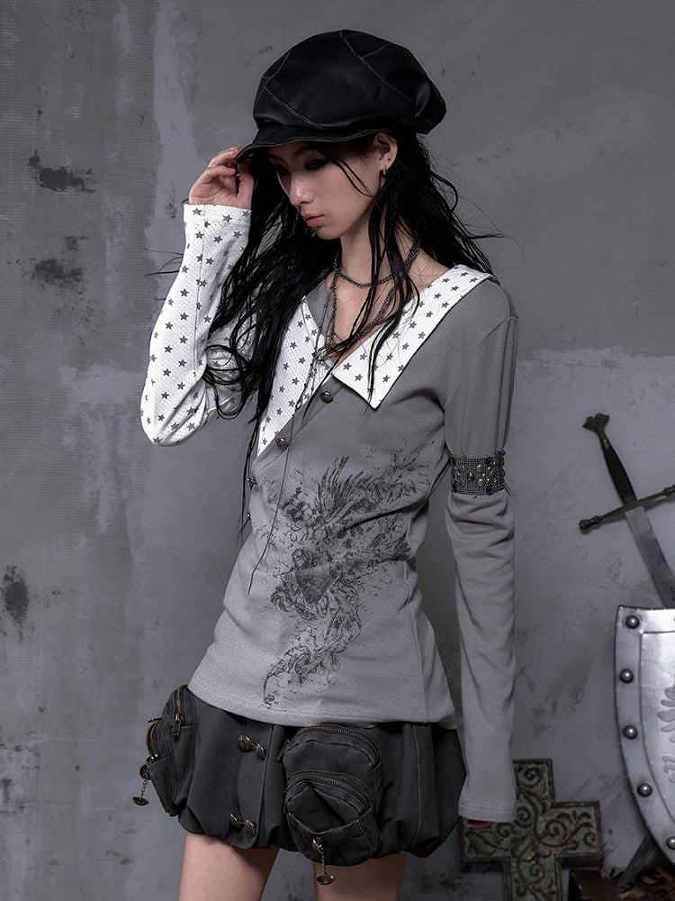 Gray Motif Y2K Gothic Sleeve Vintage Punk Knit Print Heart Top with Star