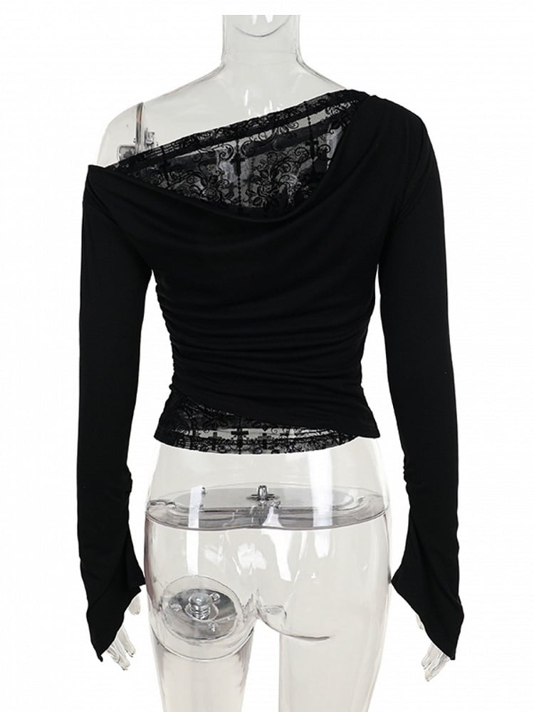 Black Halloween Embroidery Asymmetrical Cross Top Neck Long with Sleeve Gothic