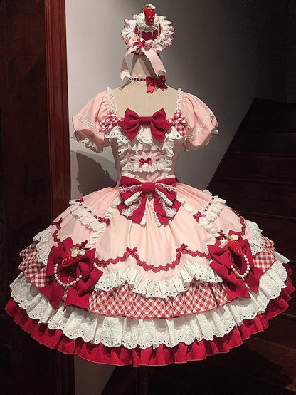 Pink Skirt Tiered Bowknots Strawberry Decorated Red and Sweet