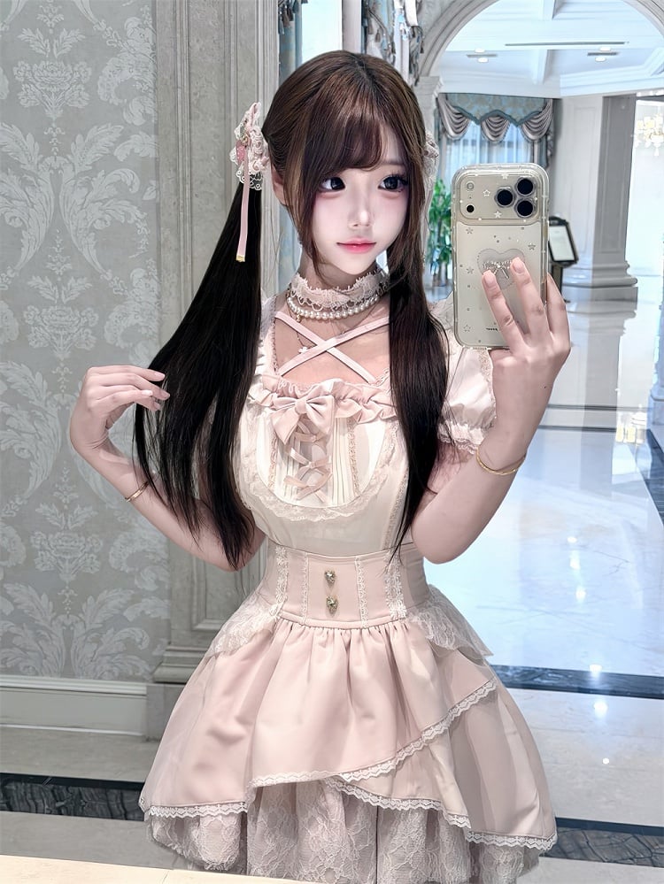 Ryousangata White & Pink Lace Bow Blouse - Jiuniang Cherry