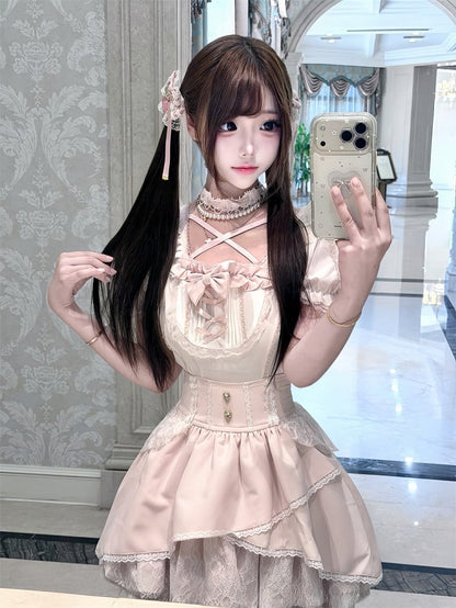 Ryousangata White & Pink Lace Bow Blouse - Jiuniang Cherry
