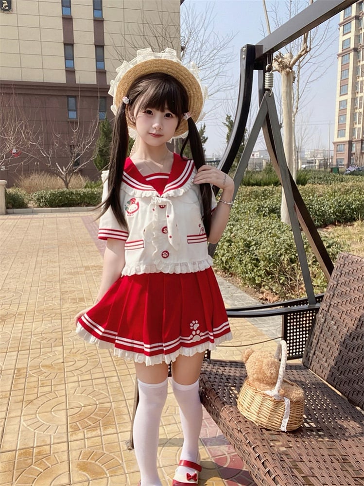 Lace JK Uniform Pink/Red Pleated Skirt Trim Ruffled