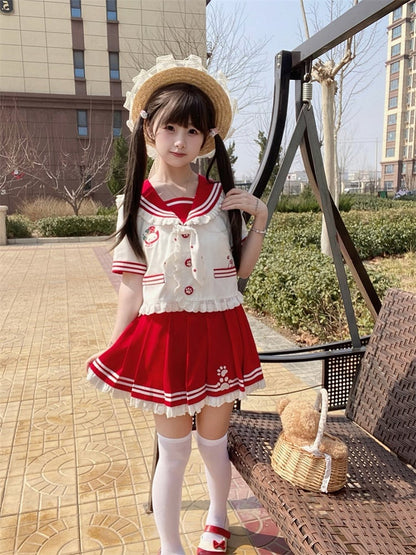 Lace JK Uniform Pink/Red Pleated Skirt Trim Ruffled