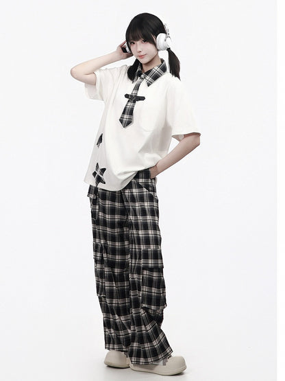 Preppy Plaid Star Patch Top with Tie Details - PINK SAVIOR