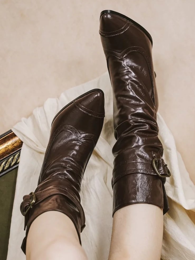 Dark Brown PU Elegant Lolita Stacked Boots Slip-In Pointed Toe Foldable Cuff Buckle Accents - Dita Lolita Shoes