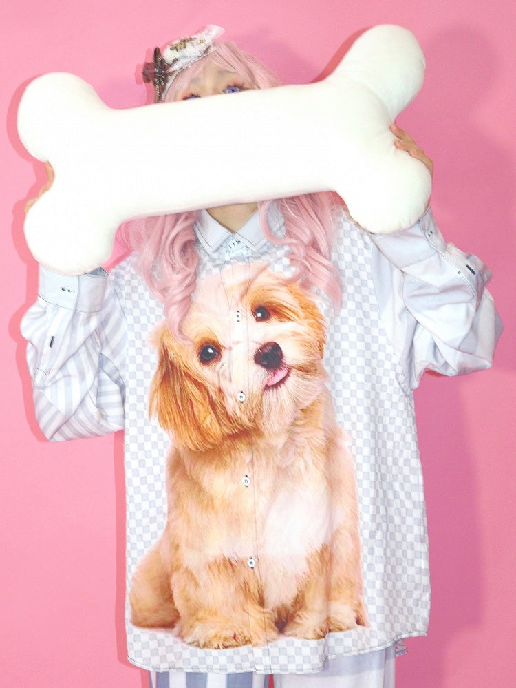 And Print Pattern Puppy Gyaru Fashion Striped Checked Gray Shirt