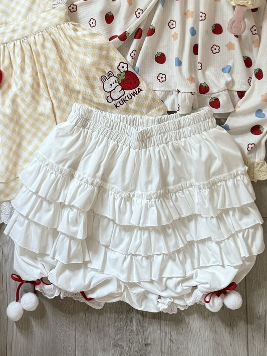 Tiered Shorts Bubble Ruffles Waist Elastic with White