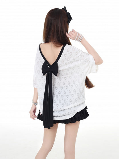 バックリボンプリント ビッグバックレスTシャツ リボン ホワイト セミシアー