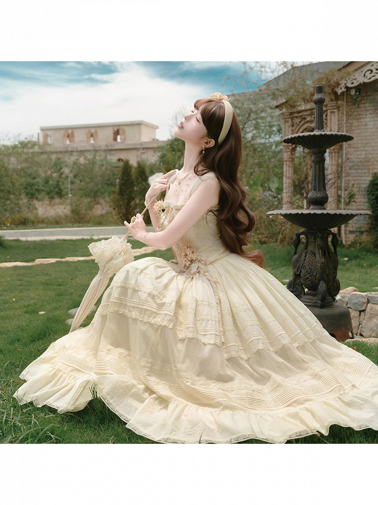 Yellow Sweet Button Top with Lace Skirt Set - Penny House