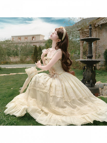 Yellow Sweet Button Top with Lace Skirt Set - Penny House