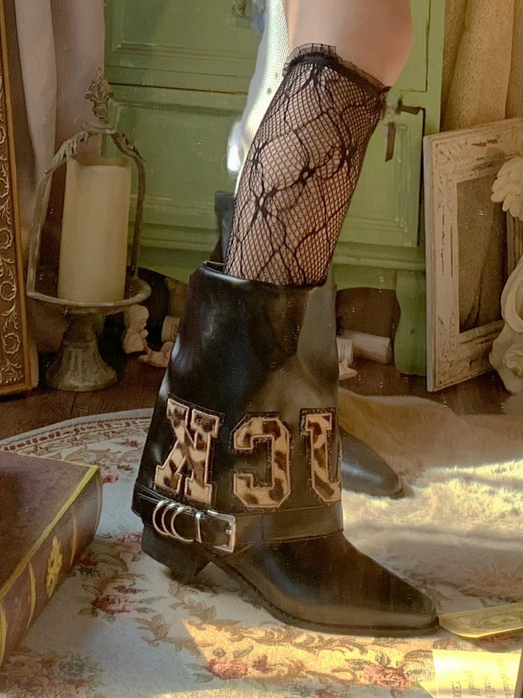 Toe Pointed Mid-Heel Leopard Black Letter - Patches Boots Print