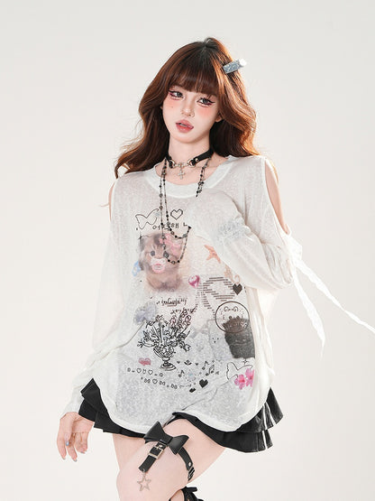 カットアウトセミシースルーショルダーキュートカバーアップブルー/ホワイトキティプリント