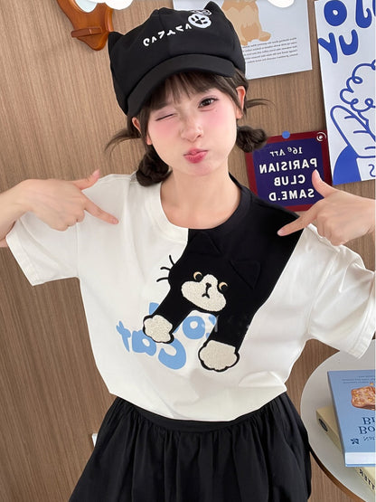 White Round Neck Cute Cat Print T-Shirt Loose