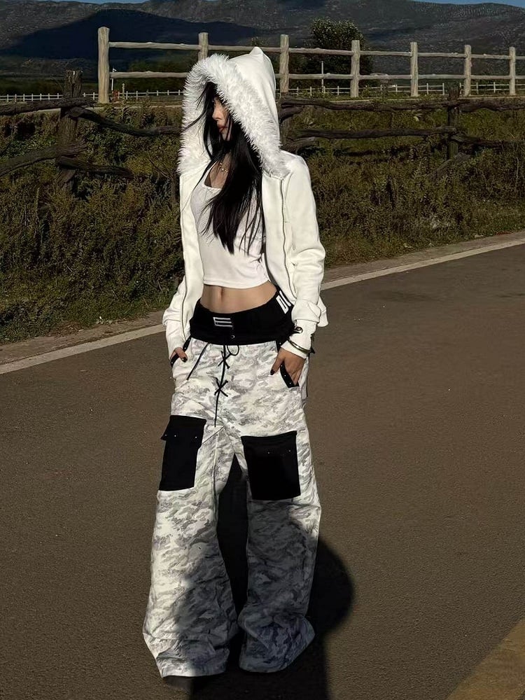 Camouflage Wide-Leg Pants with Double Waistband and Pockets - DETW OnLine