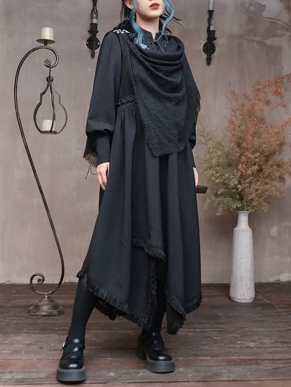 Seahorse with Style Embroidery Black Cheongsam Dress Hem Detail at Lace-up Tassel Front Blue