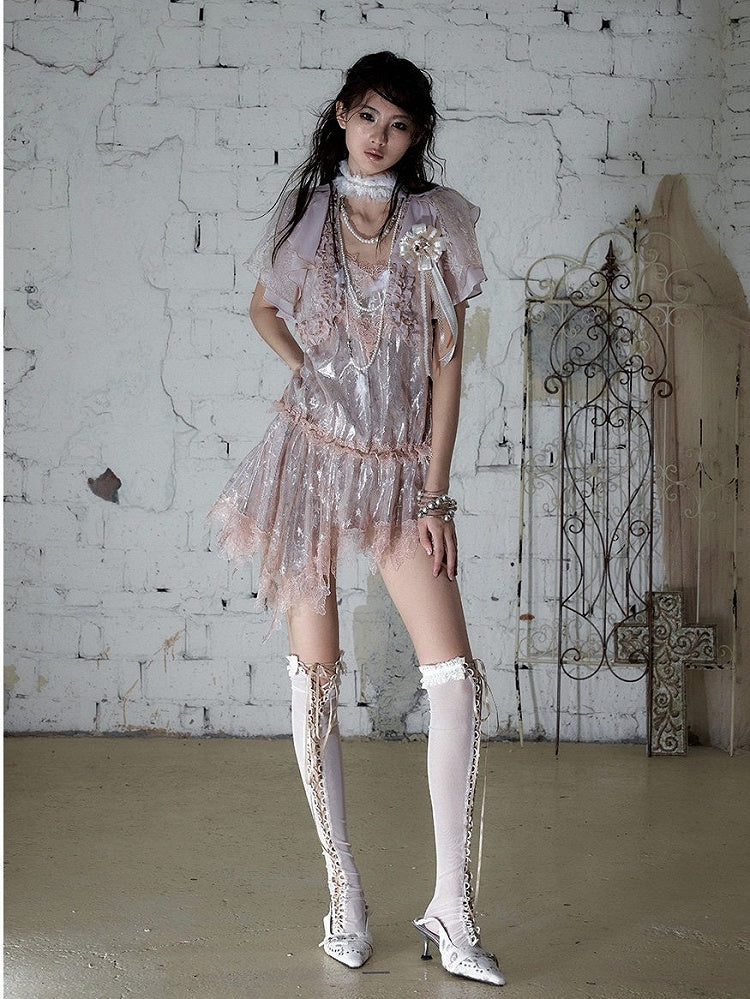 Dusty Pink Chiffon Cropped Top with Lace & Ruffle Trim - Romantic Punk Style