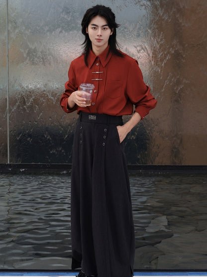 Pleated Accordion Long Sleeve Shirt in Red with Metal Frog Button Details - Feng Hua Gui Guo Ling
