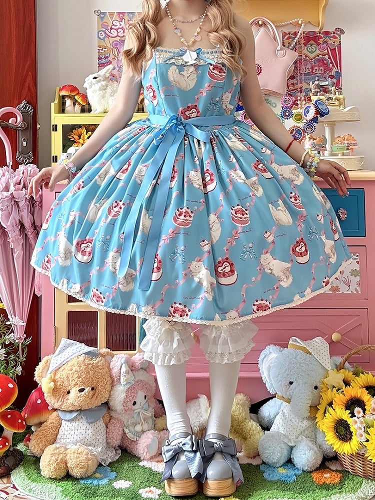 Kleid Print Rock süße Lolita Jumper Showa flauschige Kätzchen blau süß