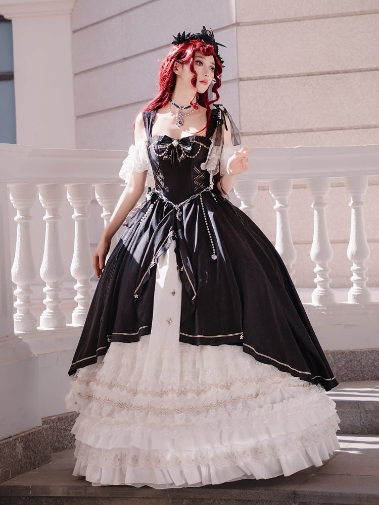 Black and White Boned Corset Bodice Gorgeous Long Train Lolita Dress Full Set