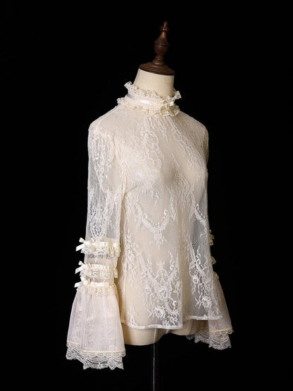 Beige Lace Bell Sleeve Blouse with Stand Collar Accent - Twin Bear Original Design