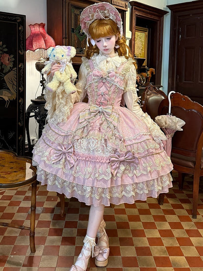Schleife Kette Perlen Ausschnitt Rosa Lolita Kleid Prinzessin Blume Wunderschöne