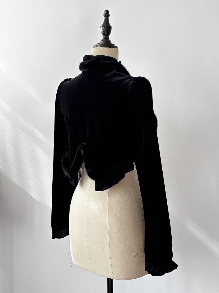 Black Gothic Lolita Plush Trimming Velvet Long Sleeves Bolero Top