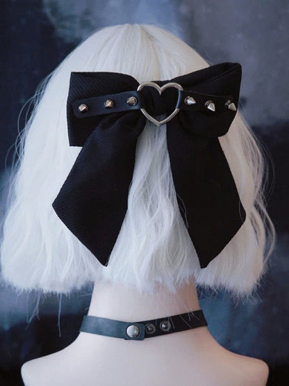 Black Bow Hair Clip with Spikes and Heart Ring - Strange Sugar