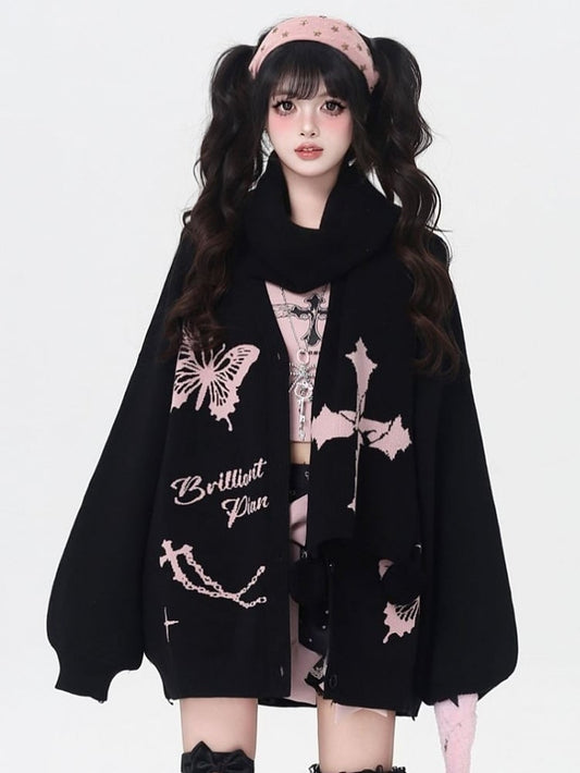 Cardigan Pompon Butterfly Scarf with - Bittersweet Charm Black/Pink Motifs Cross Set