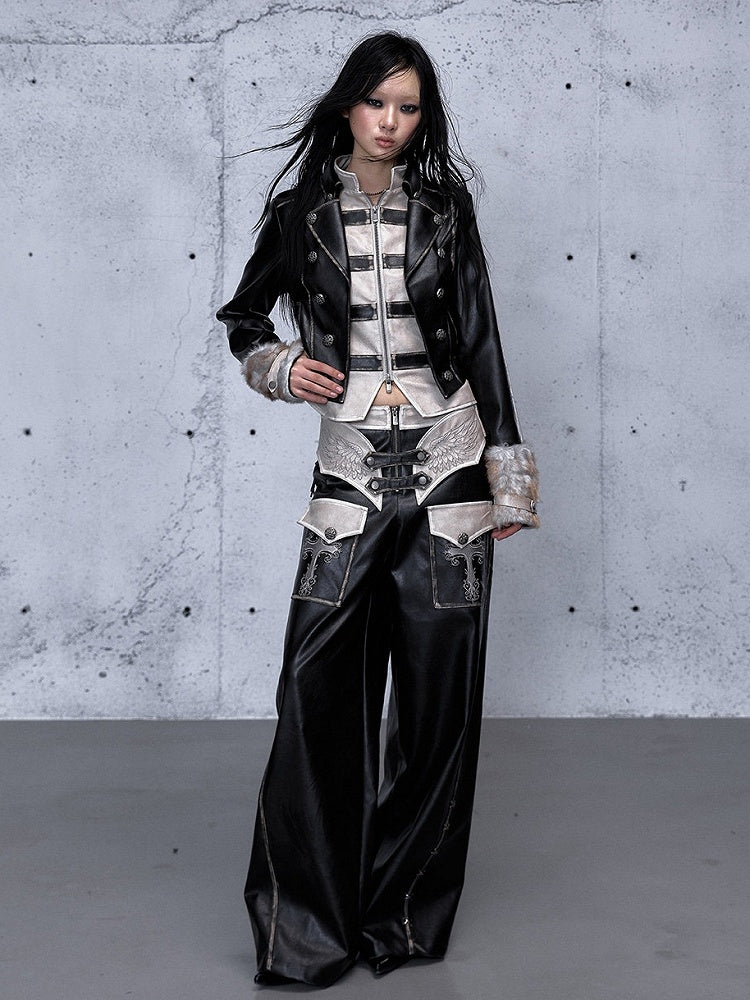 - Wide-leg Pants Punk Black Wing Embroidery