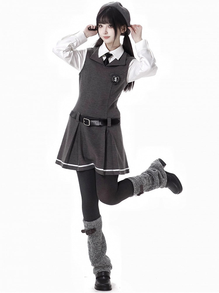 Dark Grey Preppy Sleeveless Above Knee Knitted Dress With A Buckle Belt