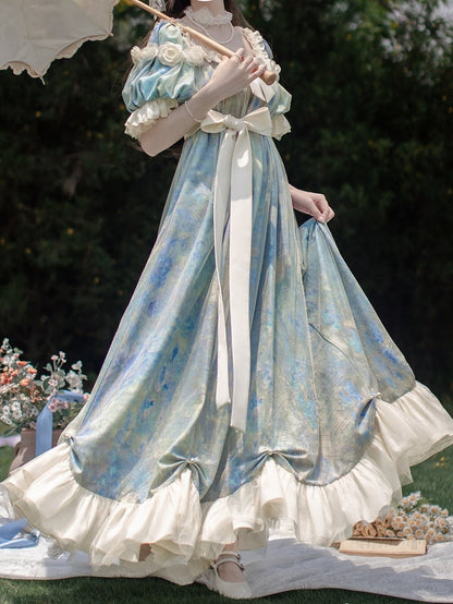 Stück Lolita Maxi One Kleid Taille Elegante Klassische Malerei Blau Empire Öldruck